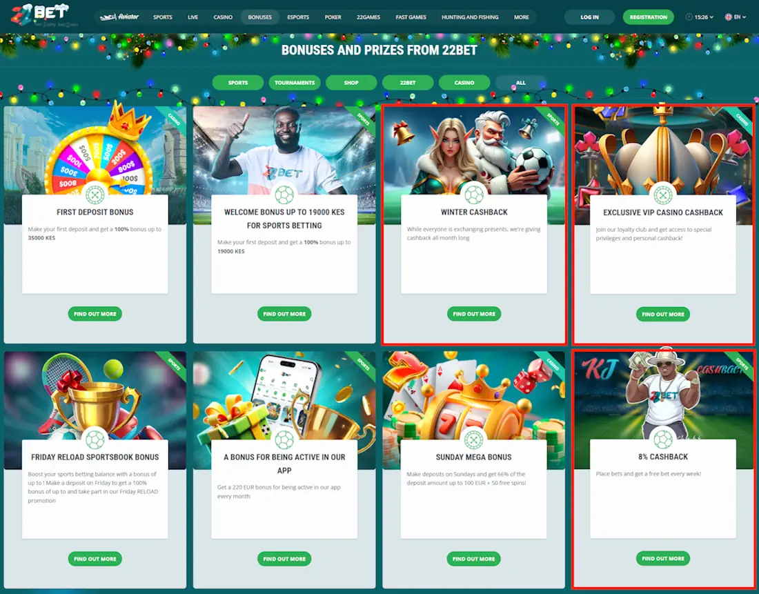 22Bet Casino and Sports Cashbacks Screenshot